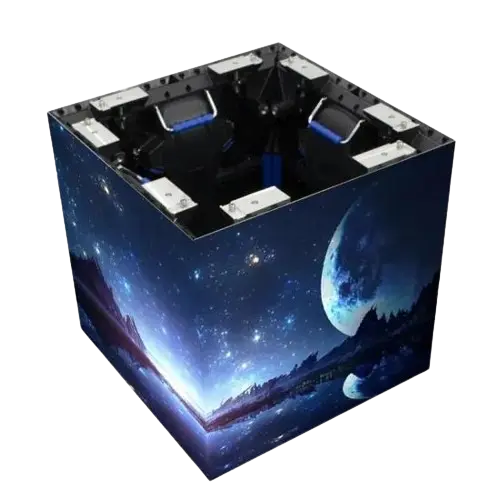 A cube-shaped LED display showcasing a vibrant image of the night sky.