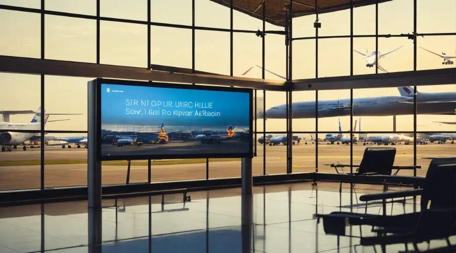 An airport interior showcasing an LED walls or LED video wall with information about arriving and departing airplanes