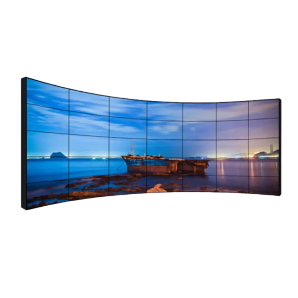Wall-mounted curved LCD video wall or LCD display screen displaying a vibrant image of a boat.