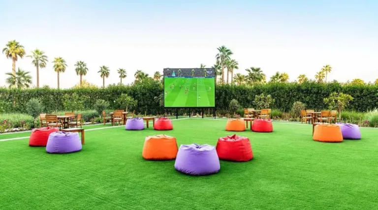 image shows outdoor led screen displaying cricket match