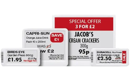 Multiple digital price tags displaying various prices for different items.