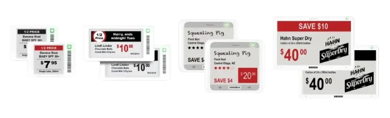 Four electronic shelf labels arranged in a row, each with distinct prices displayed on it.