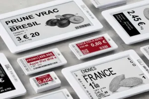 digital shelf label showing various foods with their digital price tags by LED screens dubai.