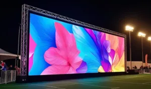 A large LED screen 3D surrounded by vibrant, colorful flowers by Outdoor LED screen in UAE.