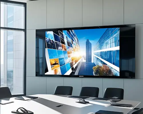LEd wall display showing dubai bulidings in a meeting room