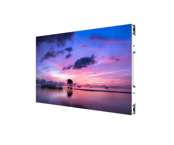 A stunning canvas print of a sunset reflecting on water, presented on an LED panel screen indoor