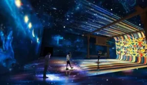 A group of people enjoying a colorful, illuminated room filled with immersive LED display in dubai