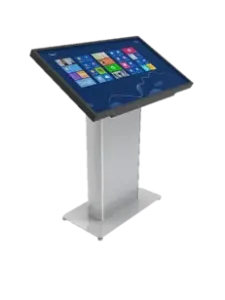 A Digital touchscreen kiosk on a stand, showcasing various icons for user interaction at a digital kiosks