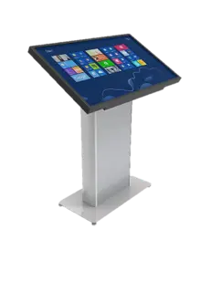 A Digital touchscreen kiosk on a stand, showcasing various icons for user interaction at a digital kiosks