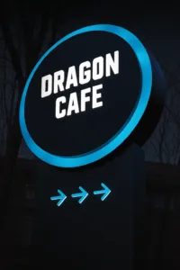 Image of a round signage 3D or 3D signage board for Dragon cafe softly glowing.