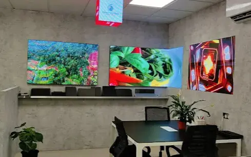 large LED mounted on the wall, showcasing different pixel pitch.