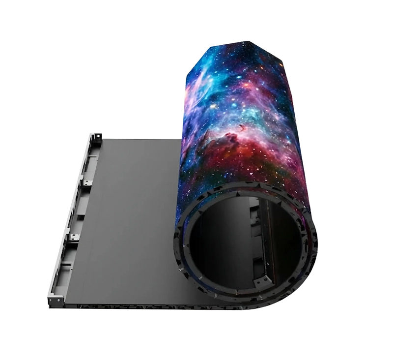 A large roll of foldable LED screen displaying a colorful pattern