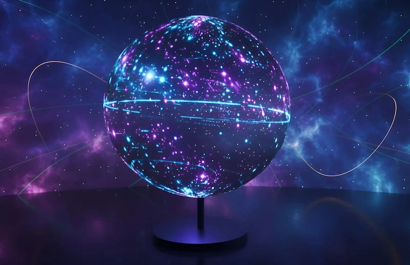 A spherical LED display featuring stars and planets