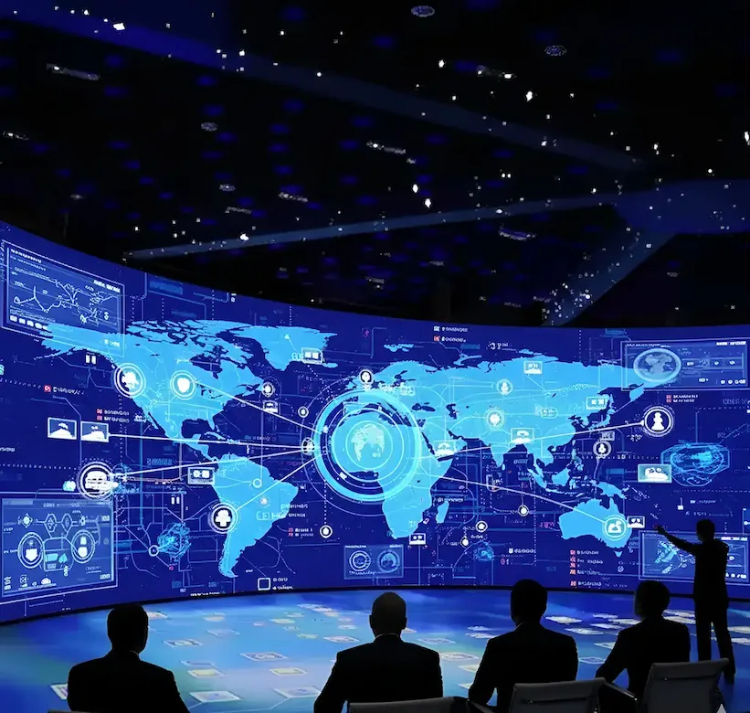 Business professionals gather around an interactive LED display for a presentation.