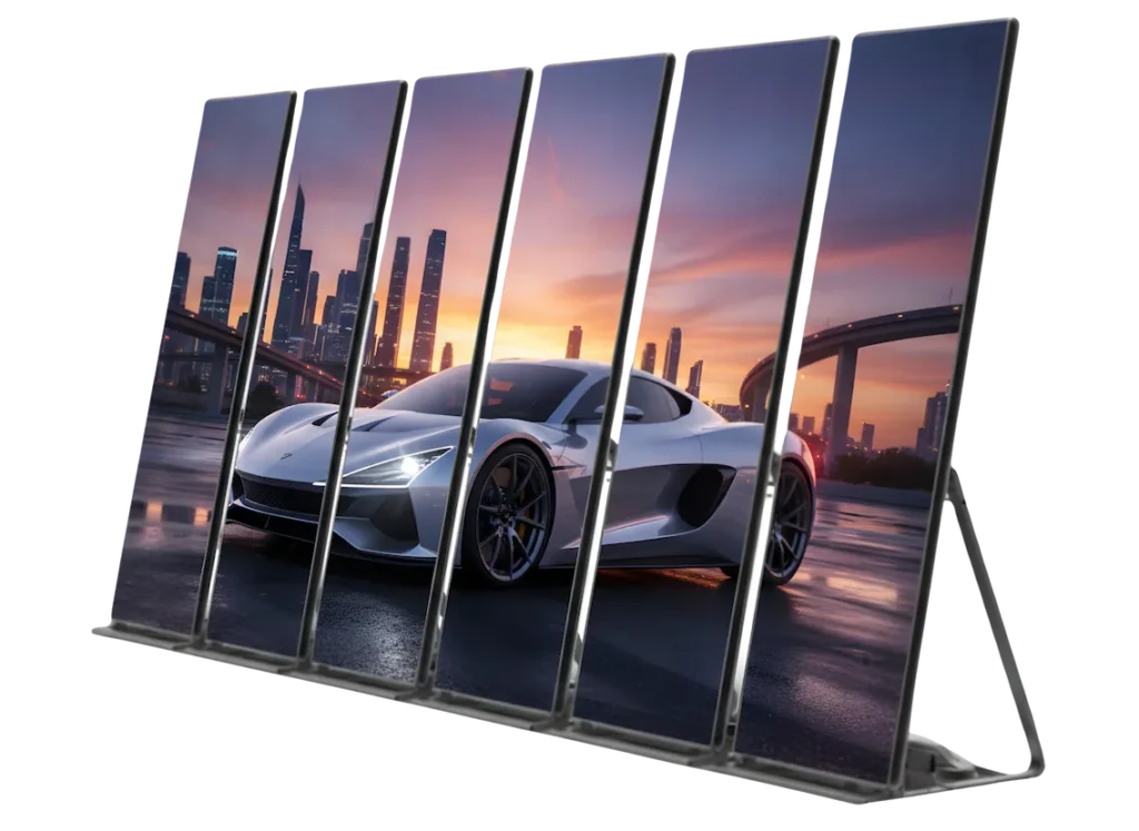Six LED poster displays showcasing at car image in a cascading arrangement.