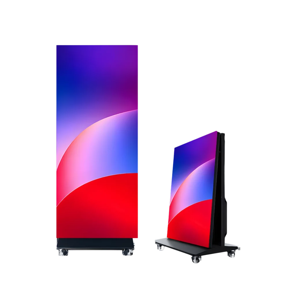 two different angle view of foldable screen poster showcasing various colors.