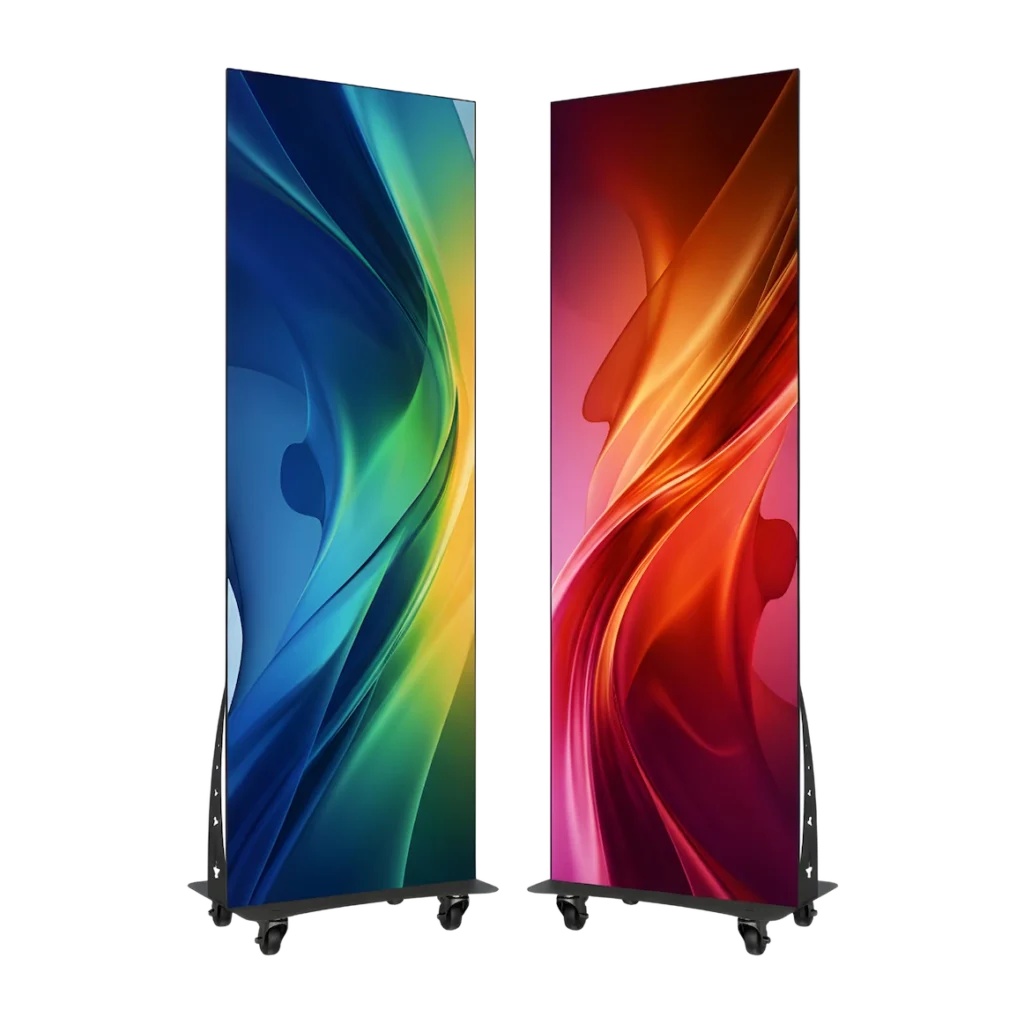 Two large, movable LED poster displays stand side by side, showcasing vibrant designs.