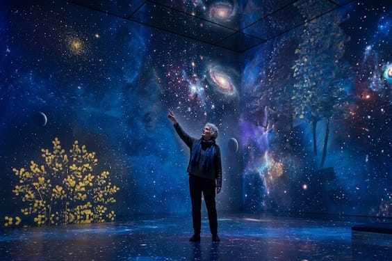 A man stands before a large immersive LED screen displaying stars and planets.