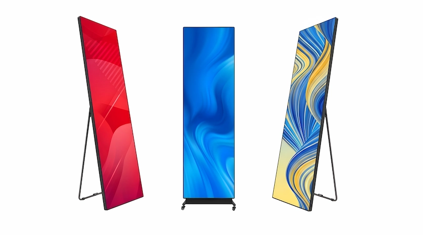 Three distinct colorful LED poster display, each with a unique design and size.