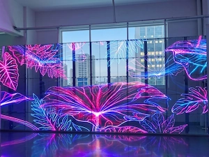 A bright, transparent LED screen displaying colorful lights, Showing plants images.