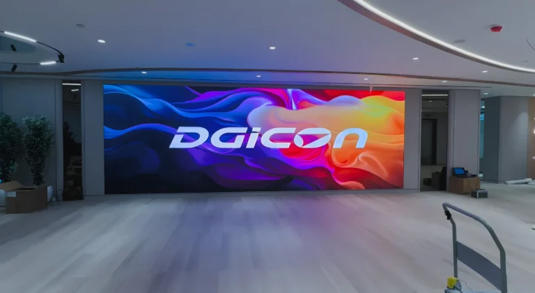Indoor lobby screen featuring the logo of dgicon on a bright LED display.