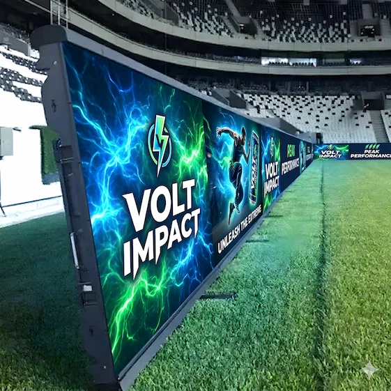 A large Stadium LED screen showcasing ad of energy drink.