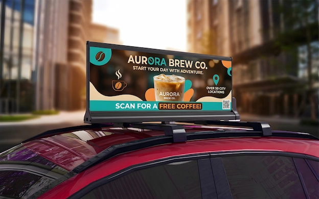 A car taxi LED screen showcasing a coffee promotion.