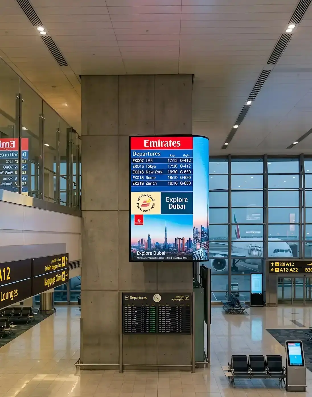 Large digital screen in an airport terminal displaying the current time for travelers.
