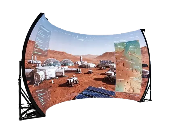 Large concave curved immersive display mounted on black structural frames.