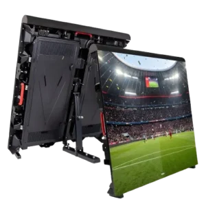 Free-standing, angled sports perimeter LED display panel