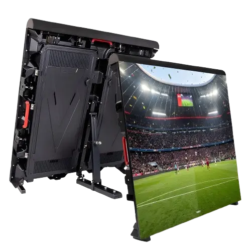 Free-standing, angled sports perimeter LED display panel