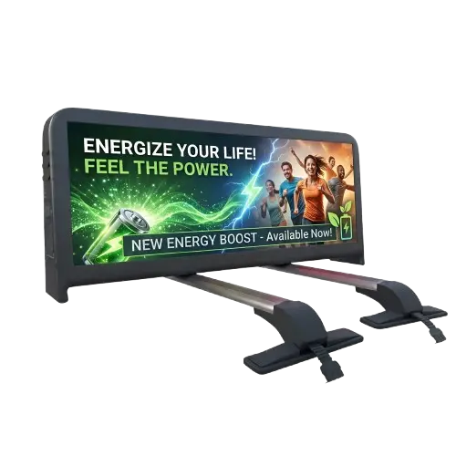Double-sided digital LED rooftop sign for taxis featuring an energy drink advertisement.