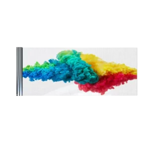Mesh LED panel displaying colorful ink or smoke cloud.