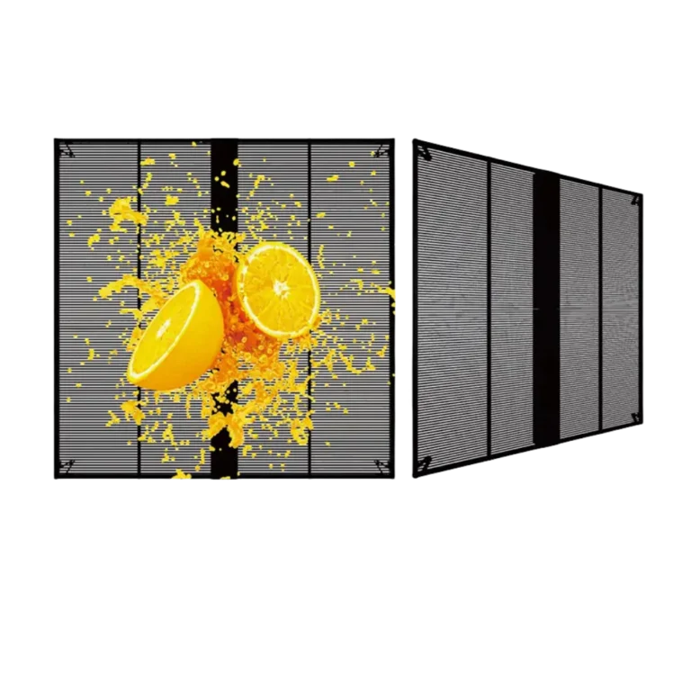 Transparent LED screen panel showing an orange splash visual, front and angled view