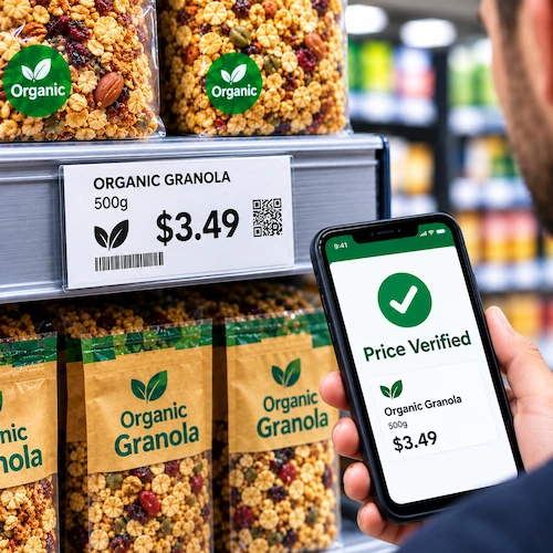 Smartphone showing a Price Verified confirmation for organic granola shelf label