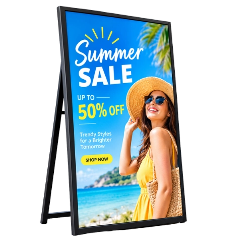 A-frame LCD display screen showing a shoe advertisement with a Shop Now button