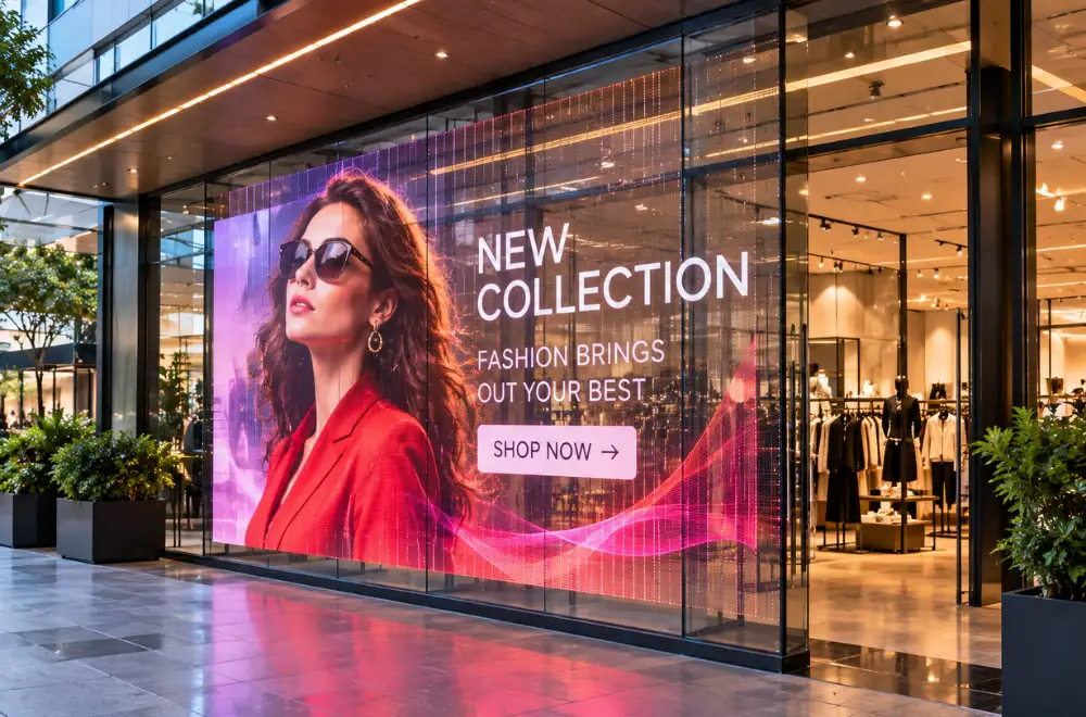 Adhesive transparent LED screen applied to a boutique window showing a New Collection ad