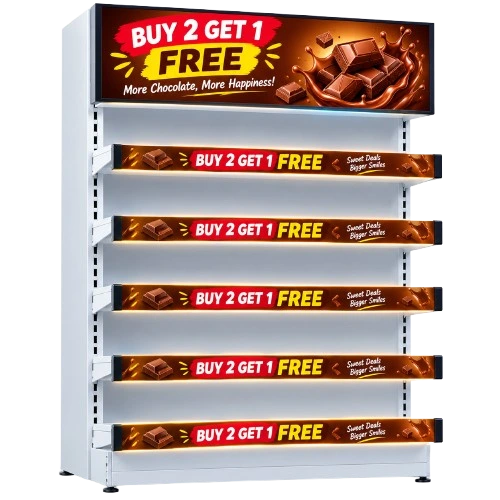 Shelf-edge LCD displays showing a Buy 2 Get 1 Free chocolate promotion on a retail shelf