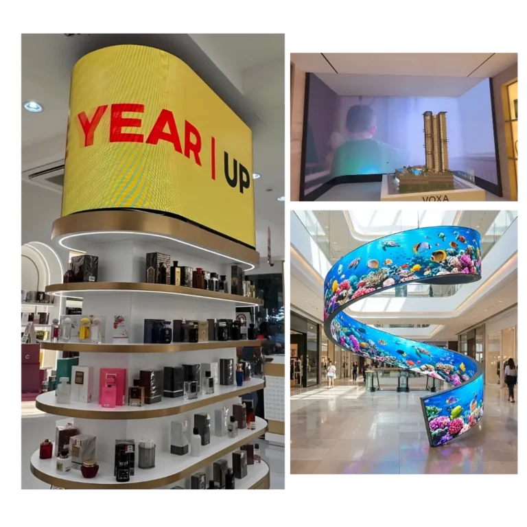 Flexible LED screens wrapped around columns and curved walls in a retail space