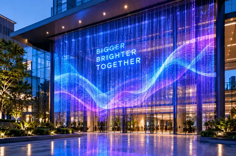 Transparent LED curtain screen hanging over a glass building entrance at dusk