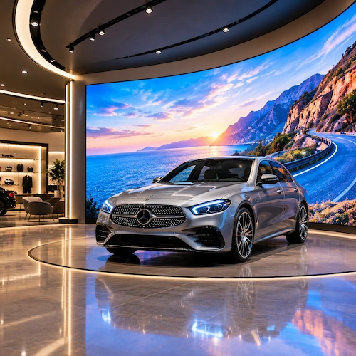 Large curved flexible LED screen in a car showroom showing a coastal road scene