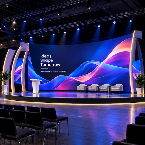 Curved flexible LED screen as a conference stage backdrop showing an wave animation