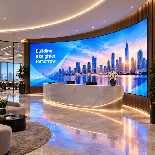Curved flexible LED wall behind a reception desk in a corporate lobby