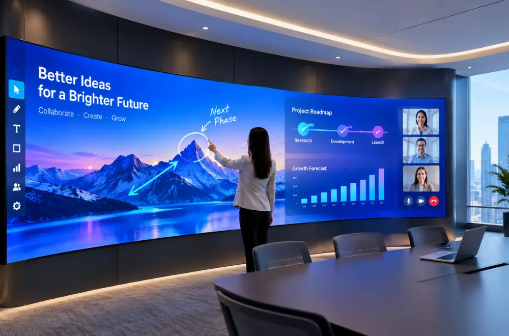 Interactive flexible LED screen wall in a corporate meeting room showing a presentation