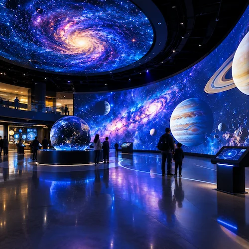 Curved flexible LED wall and ceiling screen in a planetarium with a spherical LED display