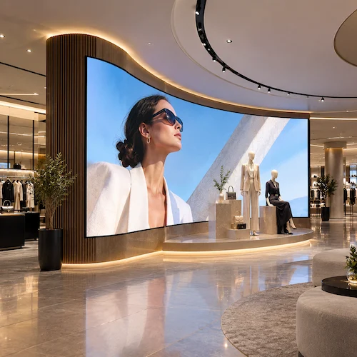 Curved flexible LED screen in a luxury fashion showroom showing a model in sunglasses
