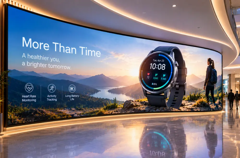 Large curved flexible LED screen in a shopping mall showing a smartwatch advertisement