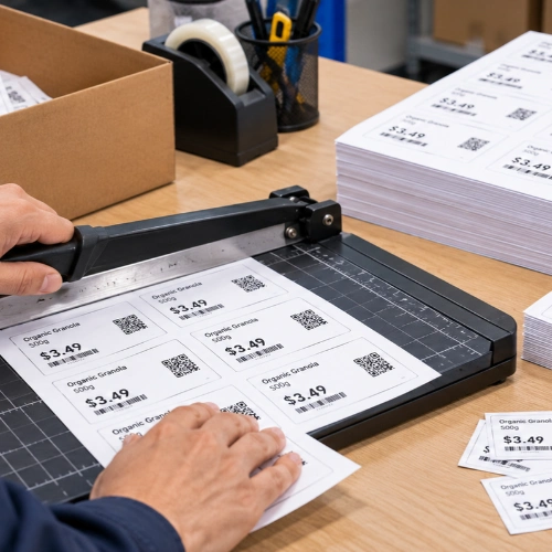 Employee trimming printed paper price labels with a paper cutter