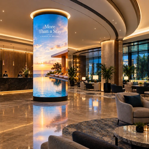 Cylindrical flexible LED screen wrapped around a column in a luxury hotel lobby