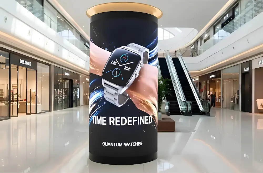 Cylindrical flexible LED screen wrapped around a mall column showing a watch ad